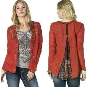Miss Me Cardigan Medium Rust Orange Mixed Media Embellished Boho